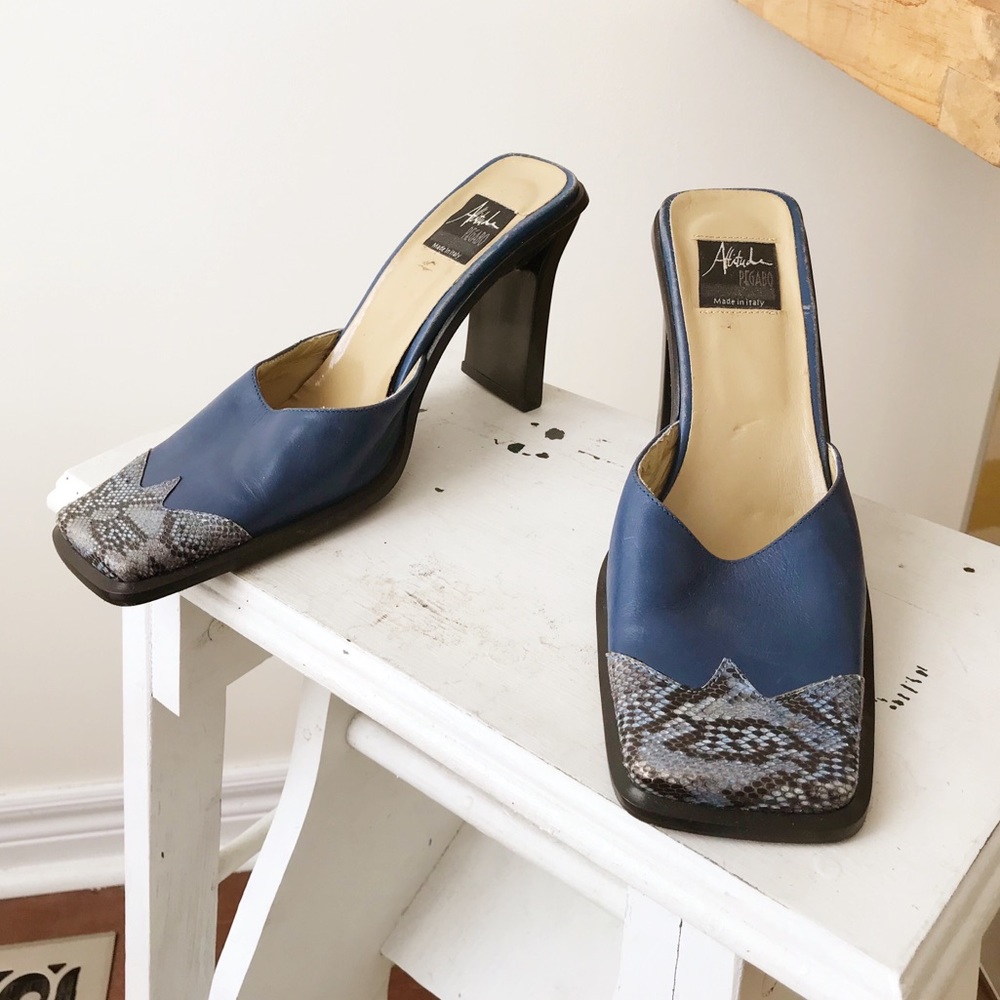 Leather western square toe snakeskin toe mule heel - Picture 2 of 14